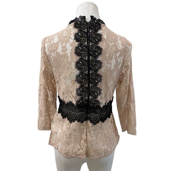 Zara Beige & Black Contrast Trim Lace Peplum Blouse Femme Old Money Style Size S - Picture 4 of 9